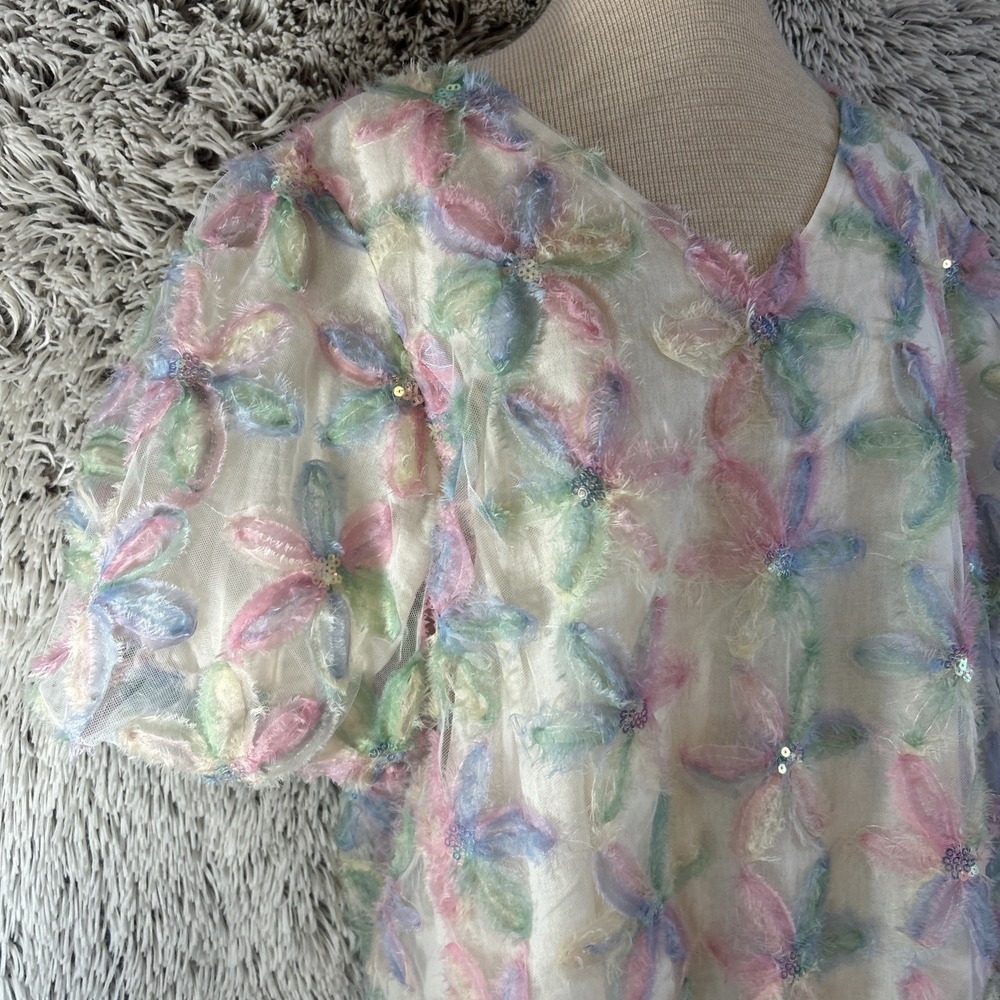 Umgee 3D Floral Boho Hippie Sheer Top Blouse Size L Puff Sleeves Sequins‎ Mesh - Picture 2 of 13